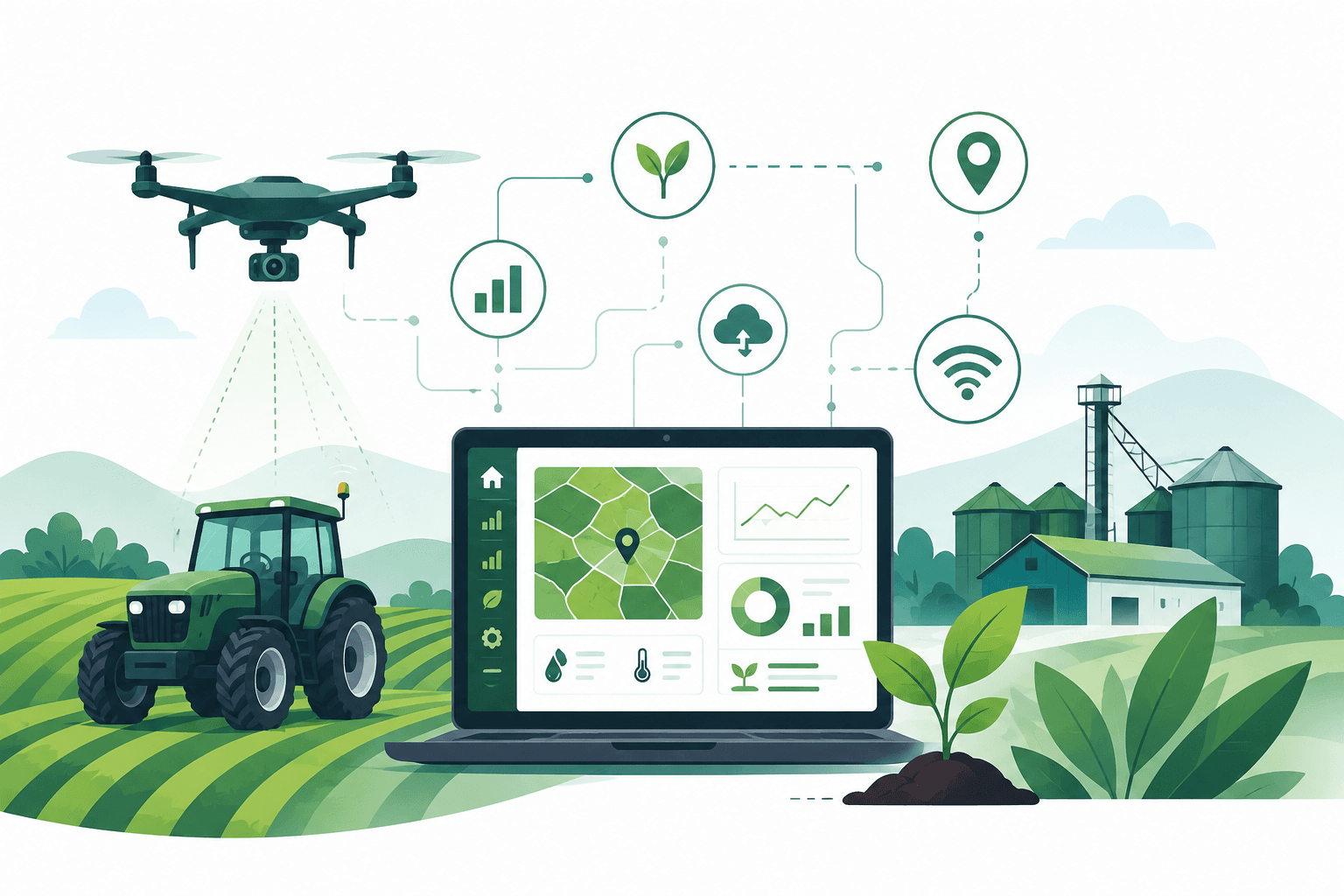 Ilustração de dashboard agrícola e indicadores de gestão